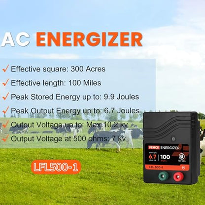 Electric Fence Charger, Electric Fence Energizer 6.7 Joule Ac Powered - size: LFL500-1