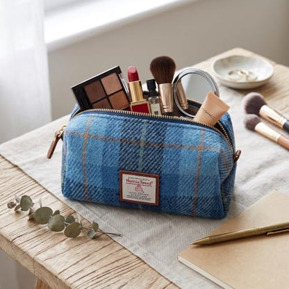 TAILORMAP Harris Tweed Wool Cosmetic Bag, Large Capacity Scottish Tartan Handmade Makeup Organizer, Stain-Resistant Travel Toiletry Pouch for Women (Blue Plaid) - color: Blue Plaid
