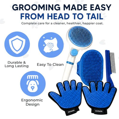 NVNAN 5-Piece Dog Grooming Brush Set with Grooming Gloves | Includes deshedding comb, shampoo brush, and pet hair removal tools for shedding, bathing, and brushing - color: Blue-4