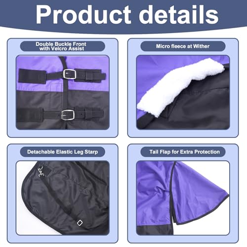 600D Horse Blanket, 0g No-Fill Waterproof Turnout Rain Sheet - color: Violet/Black, size: 69"