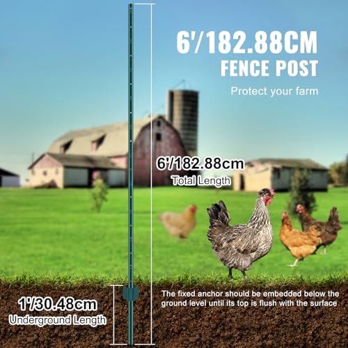 VEVOR 6 Feet U-Channel Metal Fence Post, 6 Pack With 24 Zip Ties & 12 Clips, Sturdy Steel Stakes for Garden Yard, Lawn, Farms and Outdoor Wire Fencing, Green - size: 6 Feet 6 Pack