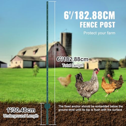 VEVOR 6 Feet U-Channel Metal Fence Post, 6 Pack With 24 Zip Ties & 12 Clips, Sturdy Steel Stakes for Garden Yard, Lawn, Farms and Outdoor Wire Fencing, Green - size: 6 Feet 6 Pack