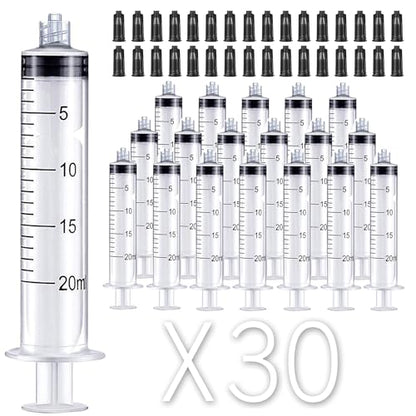 20ml Luer Lock Syringe with Cap, Sterile 5cc Syringes Without Needle, 30Pcs | 30Pack, Individually wrapped 20 ml / cc plastic syringes. Luer lock tip caps prevent liquid leaks. Accurate scale. No needles
