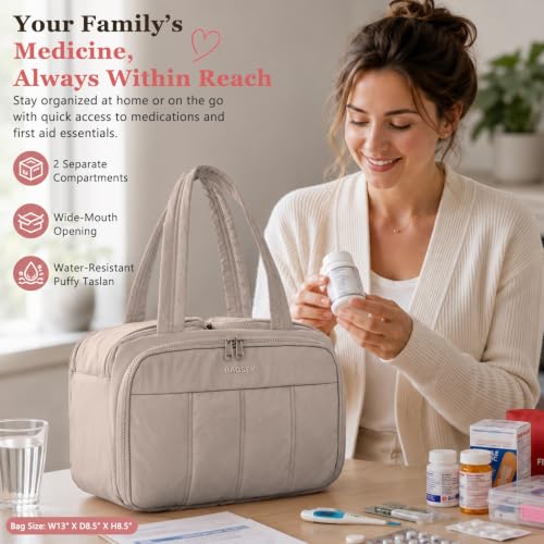 Travel Medicine Storage Bag with 2 Compartments, Wide-Mouth Medical Organizer, Puffy Lightweight First Aid Bag for Prescription Bottles, Pill Cases, Medical Supplies & Family Emergency Essentials - color: Greige