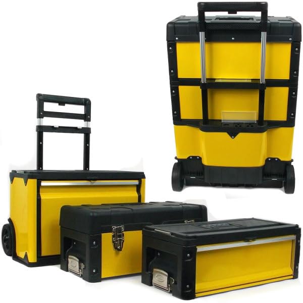 Portable Tool Box on Wheels - Stackable 3-in-1 Chest for Workshops and Craft Rooms - Foldable Comfort Handle and Latches by Stalwart (Black/Yellow) - style: 3-in-1