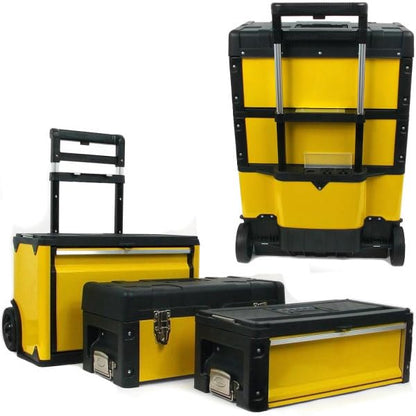 Portable Tool Box on Wheels - Stackable 3-in-1 Chest for Workshops and Craft Rooms - Foldable Comfort Handle and Latches by Stalwart (Black/Yellow) - style: 3-in-1