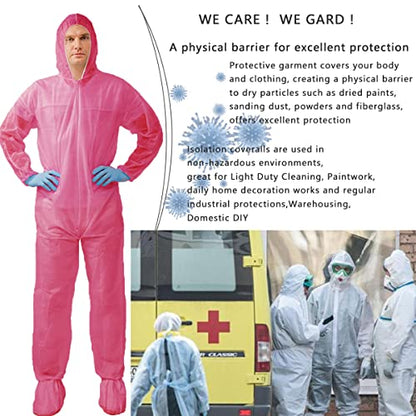 Hazmat Suits,10 Colors Options Disposable Protective Coveralls, Paint Suit with Elastic Wrists Ankles and Hood - color: Pink, size: Large