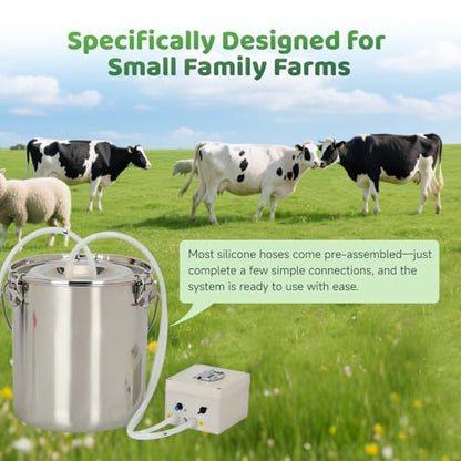 7L 2-in-1 Milking Machine for Goats and Cows, Electric Goat and Cow Milking Machine, Battery Powered Pulsation Vacuum Pump, Portable Rechargeable Milker, Stainless Steel Bucket with 4 Teat Cups