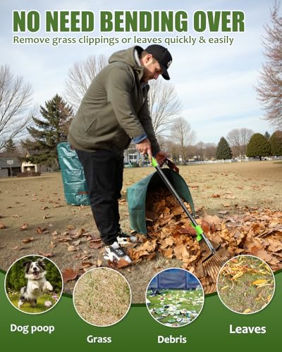 63.4 Inch Adjustable 18 Tines Metal Leaf Rake Set with 40 Gal Dustpan Bags | Adjustable garden rake, Leaf scoop set, Lawn debris collector, Metal tine rake,Outdoor yard tool,Garden shrub & grass sweeper - style: Green Rake Set