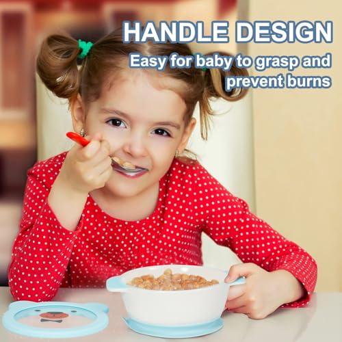 MR. CHOU Ceramic Baby Bowls with Suction Base, Infant Led Weaning Supplies with BPA Free Airtight Lid & Handles for Babies Self-feeding, 100% Food Grade Kid Bowls, Microwave & Dishwasher Safe, Blue - color: Blue-C