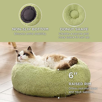 Bedsure Calming Cat Beds Donut Round Washable Kitten Bed,20 inches Green | Fluffy Faux Fur Cuddler,Anti-Slip Bottom,Anti-Anxiety,Deep Sleeping for Cats&Small Pets Up to 15 Lbs - color: Green, size: 20"L x 20"W x 6"Th