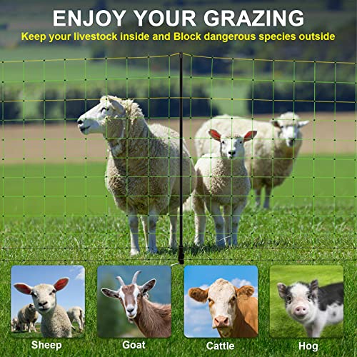 TMEE Electric Goat Sheep Fencing Livestock Netting Fence with 14 Posts, Double Spiked, Portable Mesh for Lambs, Deer, Hogs, Dogs, 35.5" H x 164' L, Green - size: 35.5" H