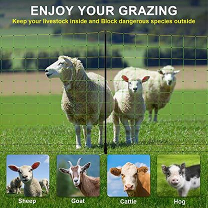 TMEE Electric Goat Sheep Fencing Livestock Netting Fence with 14 Posts, Double Spiked, Portable Mesh for Lambs, Deer, Hogs, Dogs, 35.5" H x 164' L, Green - size: 35.5" H