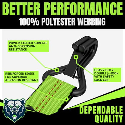 Umiro 4Pack 2''*15' Heavy Duty Ratchet Straps with Safety Clip J Hooks Ratchet Strap 10,000 Lbs MBS,Tie Down Ratcheting with J-Hook, Cargo Straps for Truck, Trailer, Moving (Neon Green) - color: Neon Green, size: 2 Inches X 15 Feet