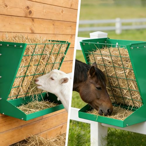 2 in 1 Wall Mount Hay and Grain Feeder, 25 Gallons Livestock Feeder | Galvanized Steel Wall Hay Rack, Hanging Hay Feeder with Mounting Kit for Goats Sheep Horse, Slow Feeder for Goats with Trough