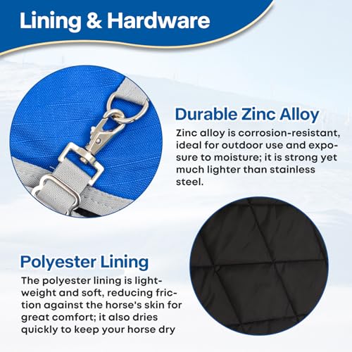 Winter Horse Blanket Horse Turnout Blanket Waterproof 1200D 260g Filled Medium Weight Horse Blanket with Detachable Neck Cover - size: 78in
