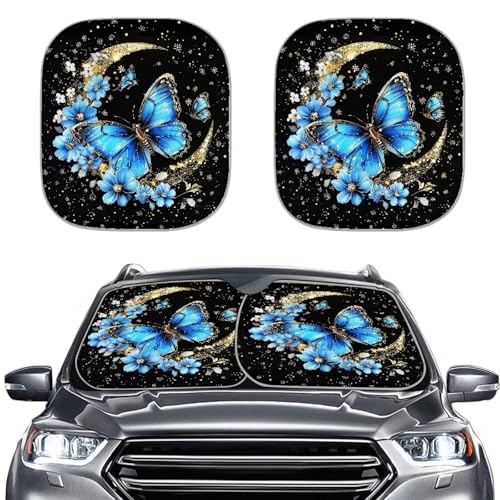Blue Butterfly Car Sun Shade for Windshield Foldable Sunshade Front Window Cover Sun Visor Heat and UV Rays That Keeps Vehicle Cool Universal Vehicle Accessories 28.5 x 25.5 inches - color: Blue Butterfly