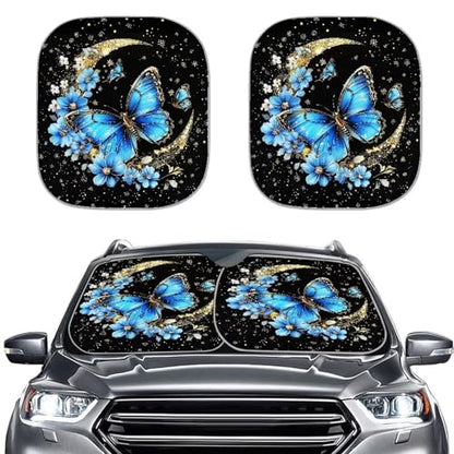 Blue Butterfly Car Sun Shade for Windshield Foldable Sunshade Front Window Cover Sun Visor Heat and UV Rays That Keeps Vehicle Cool Universal Vehicle Accessories 28.5 x 25.5 inches - color: Blue Butterfly
