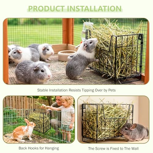 Foldable Rabbit Hay Feeder Metal Wire Guinea Pig Hay Rack Holder for Cage Chew Proof Bunny Hay Dispenser Manager for Chinchillas & Small Pets - Wall Mounted, Hanging or Freestanding (Black)