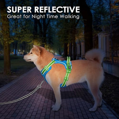 PHOEPET No Pull Dog Harness, Unique Colors Reflective Adjustable Dog Vest - color: Blue Base & Green Straps, size: Medium