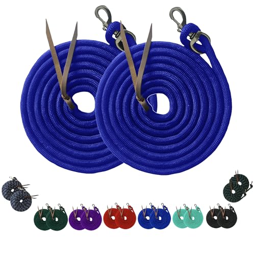 Majestic Ally 14' Pack of 2 Poly Training Lead Rope with Leather Popper for Horses & Livestock – 14 Foot Long and 5/8 inch Thick - Replaceable Heavy-Duty Bolt Snap (Royal Blue) - color: Royal Blue