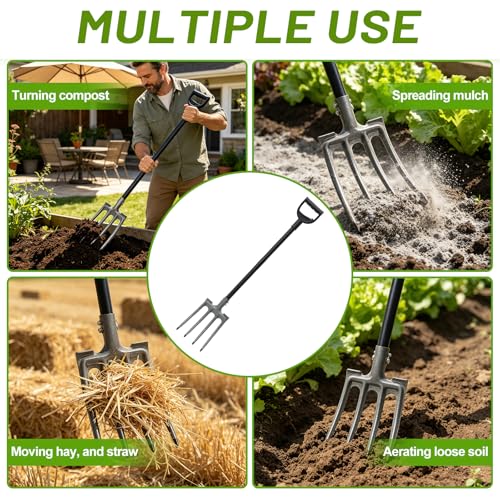 Pitch Fork, 46 inch Garden Fork with Metal 4 Tines & Ergonomic D Handle, Heavy Duty Pitchforks for Gardening Digging Composting Soil Loosening