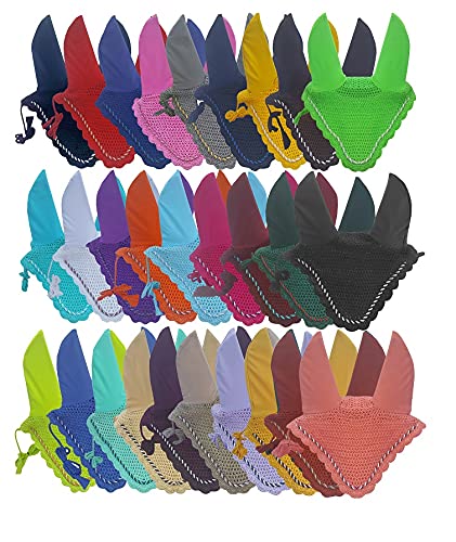 Horse Ear Bonnet Fly Veil Crochet Equestrian with Piping 30 Color Full/COB/Pony (Small/Pony, Copper/Rust) - color: COPPER / RUST, size: SMALL / PONY