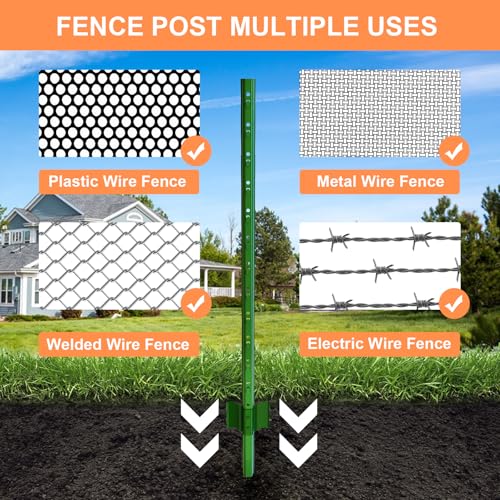 4 Feet (L) Fence Post 10 Pack Metal Fence Posts, Green Garden Fence Post with 20 Zip Ties and 20 Metal Clips, for Wire Fencing, Yard, Lawn, Outdoor Landscaping