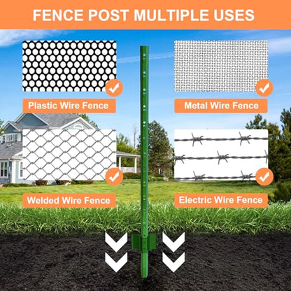 4 Feet (L) Fence Post 10 Pack Metal Fence Posts, Green Garden Fence Post with 20 Zip Ties and 20 Metal Clips, for Wire Fencing, Yard, Lawn, Outdoor Landscaping
