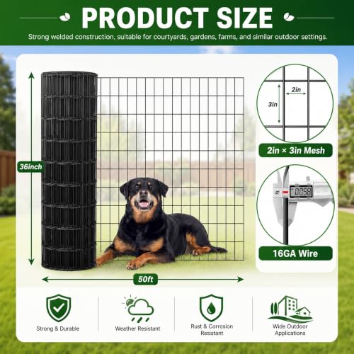 PVC Coated Welded Wire Mesh 16GA 36in x 50ft, 2x3 Mesh Black Fence Roll - color: 16GA 36''×50'
