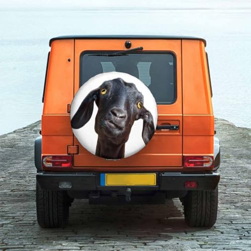 Black Goat Spare Tire Cover Cute Funny Goat Portrait with Humorous Face and Yellow Eyes Polyester Universal Wheel Tire Cover for Trailer Camping Weatherproof for Rv SUV Truck Camper Travel 15 inch - size: 15 inch