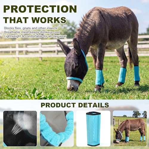 Mini Donkey Fly Mask with Ears and 4 Set Donkey Fly Boots Mule Leggings, Breathable Stretchy Mule Leg Wraps Mask Boots with Mesh Eye Covers from Insects and Bugs with Adjustable - color: Blue