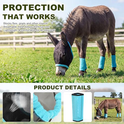 Mini Donkey Fly Mask with Ears and 4 Set Donkey Fly Boots Mule Leggings, Breathable Stretchy Mule Leg Wraps Mask Boots with Mesh Eye Covers from Insects and Bugs with Adjustable - color: Blue