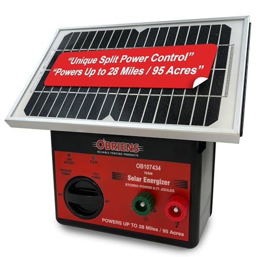 O’Briens 0.71 Joule Solar Electric Fence Charger | Adjustable Power Dial | Powers Up to 28 Miles or 95 Acres | Solar-Powered Energizer with LED Indicator, Fence & Ground Leads, Rechargeable Battery