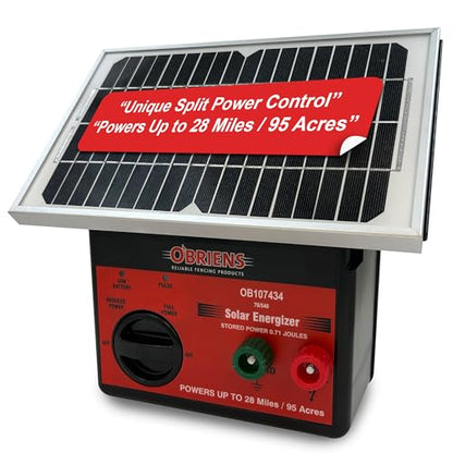 O’Briens 0.71 Joule Solar Electric Fence Charger | Adjustable Power Dial | Powers Up to 28 Miles or 95 Acres | Solar-Powered Energizer with LED Indicator, Fence & Ground Leads, Rechargeable Battery
