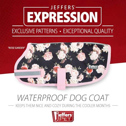 Jeffers Expression Dog Coat Waterproof Ripstop Winter Jacket 26" – 240g Insulated Blanket, Adjustable Belly & Chest Straps, Reflective Strips, Small to Large Breeds, Outdoor & Travel - Rose Garden - color: Rose Garden, size: 26"