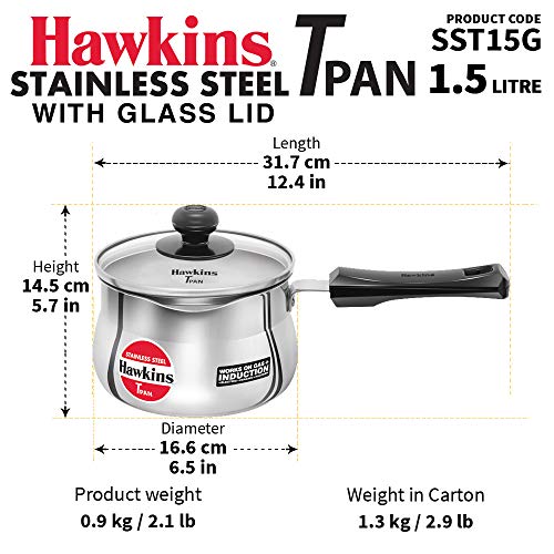 Hawkins Stainless Steel Tpan 1.5L with Glass lid - size: 1.6 Quarts