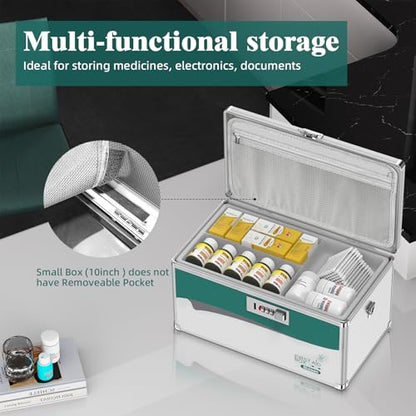 Glosen Medicine Lock Box with Code, 2-Layer Aluminum Alloy Medicine Organizer Box with Removable Tray, Portable Medication Lock Box with Shoulder Strap for Home Safety, Travel & Office (14x8.5x7.5In) - size: Large-14in