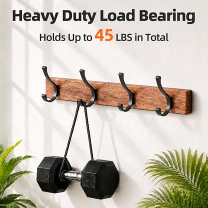17 Inch Black Walnut Wood Wall Mounted Coat Rack with 4 Black Double Hooks, Adhesive Mounted Entryway Hooks, Modern Natural Wooden Pegs for Hanging Coat Clothes Hat Bag Purse Key and Towel - color: Coat Rack with 4 Double Hooks