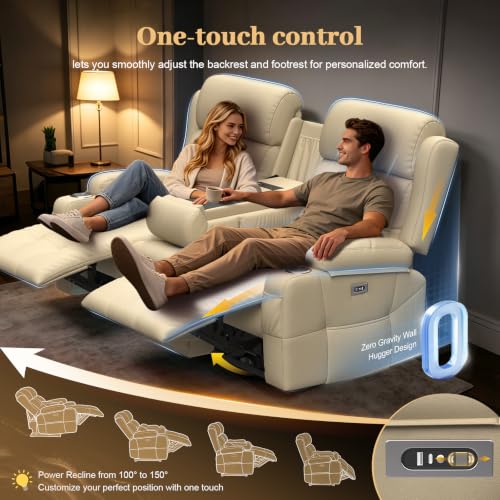 Power Reclining Loveseat Sofa with Flip Backrest Console - color: Kahki Texture Finish, size: Power Loveseat