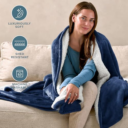 Bare Home Sherpa Fleece Blanket (Throw, Dark Blue) - color: 12 - Dark Blue, size: Throw/Travel