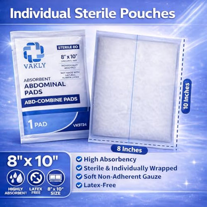 Vakly Sterile Abdominal ABD Combine Pads 8x10, High Absorbency Gauze, 20 Pk