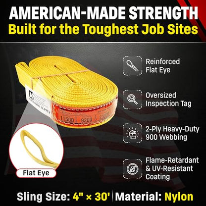 DD Sling 4 Inch x 30 Foot Nylon Lifting Sling – USA Made, 11,500 lb Vertical, 9,200 lb Choker, 23,000 lb Basket – 2-Ply Heavy Duty 900 Webbing, Type 3 Flat Eye & Eye Rigging Sling - size: 4"x30'
