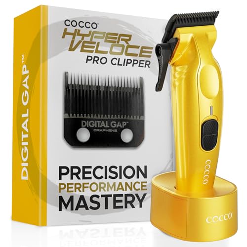 Cocco Hyper Veloce Pro High Performance Cordless Brushless Hair Clipper | Digital Gap Ambassador Graphene Taper Blade, for Professional Barbers, 7200 RPM BLDC Motor, All Metal, Charging Base - color: Yellow