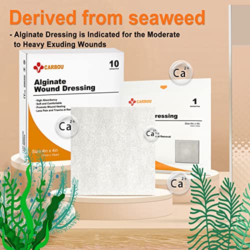 Carbou Calcium Alginate Wound Dressing, 4"x4" Patches, 10 Sterile Pads - size: 4x4 In (Pack of 10)