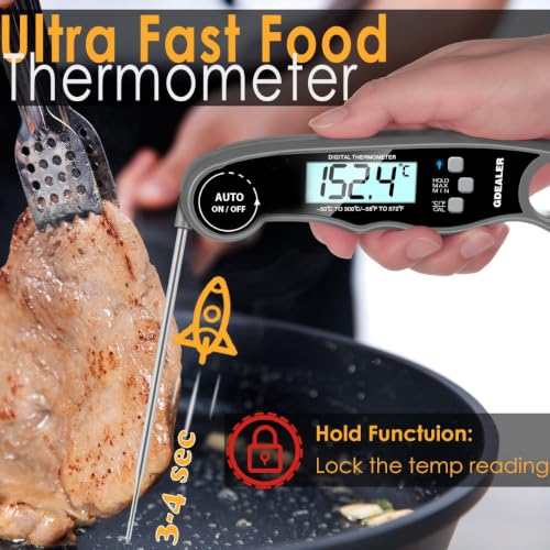 GDEALER Meat Thermometer Digital Instant Read Food Thermometer Waterproof Ultra-Fast for Grill Cooking Kitchen with Backlight & Calibration - color: Grey