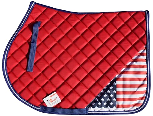 USA Flag Saddle Pad Set with Matching Ear Bonnet – Print Horse Riding Gear – Non-Slip/Breathable – Western/English Show - size: Cob