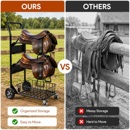 Rolling Saddle Rack Cart with Basket, 220 Lbs, 32.3*16.9*49.8 inch