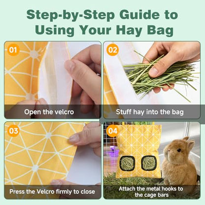 Rabbit Hay Bag 2 Pack - 2 Holes Hanging Bunny Hay Feeder Holder | Guinea Pig Hay Feeder with Metal Hooks, Oxford Cloth Feeding Bag Storage for Chinchillas and Small Animals (Blue Yellow) - color: Blue Yellow