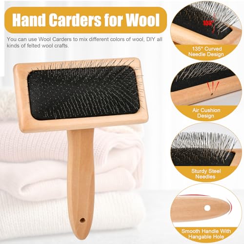 Lainballow 4 PCS Wool Carders, Wooden Hand Carders for Wool, Needle Felting Brush, Slicker Brush with Solid Wood Handle for Craft Felt Project, Dogs, Cat